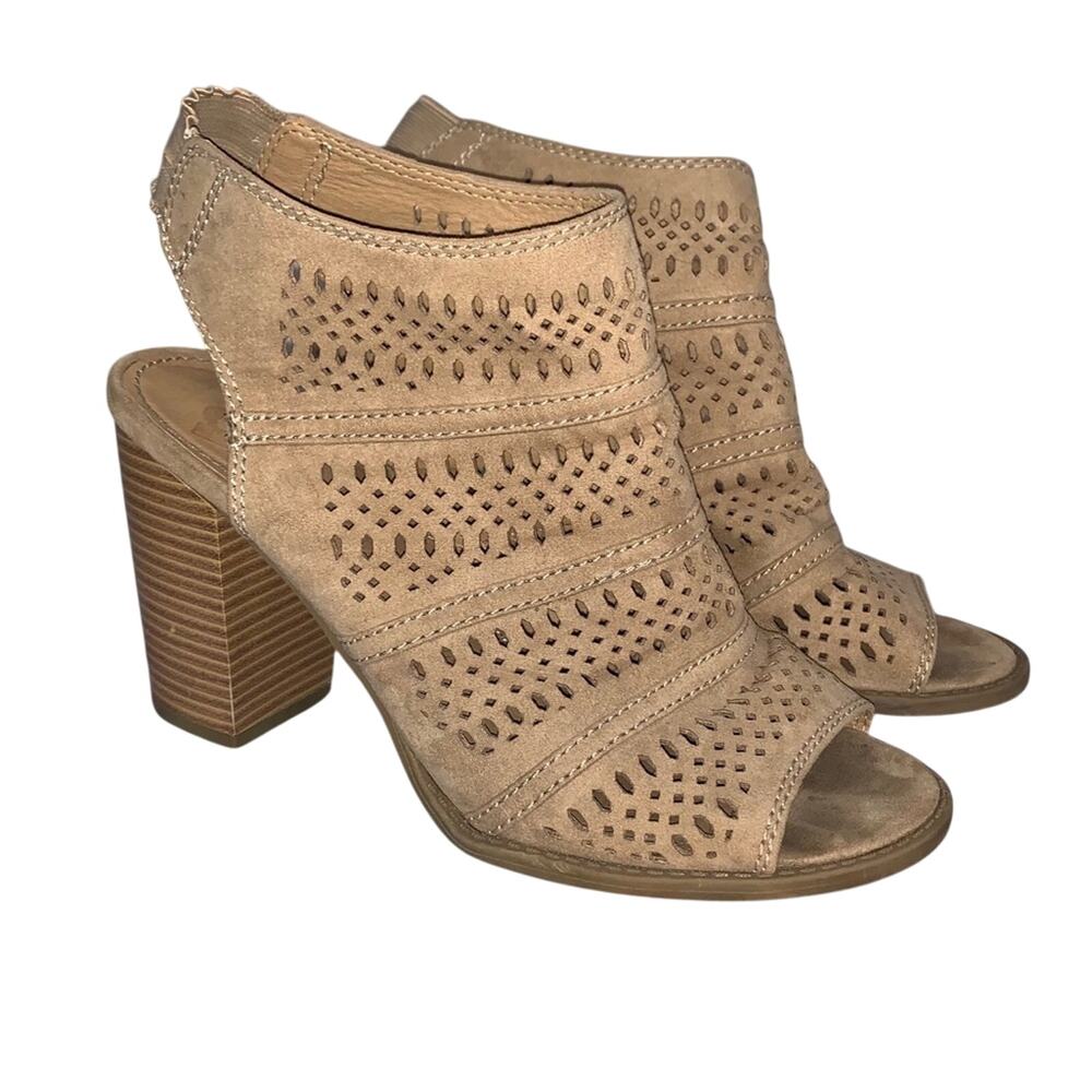 Report Tan Open Toe Laser Cut High Heel Shoes